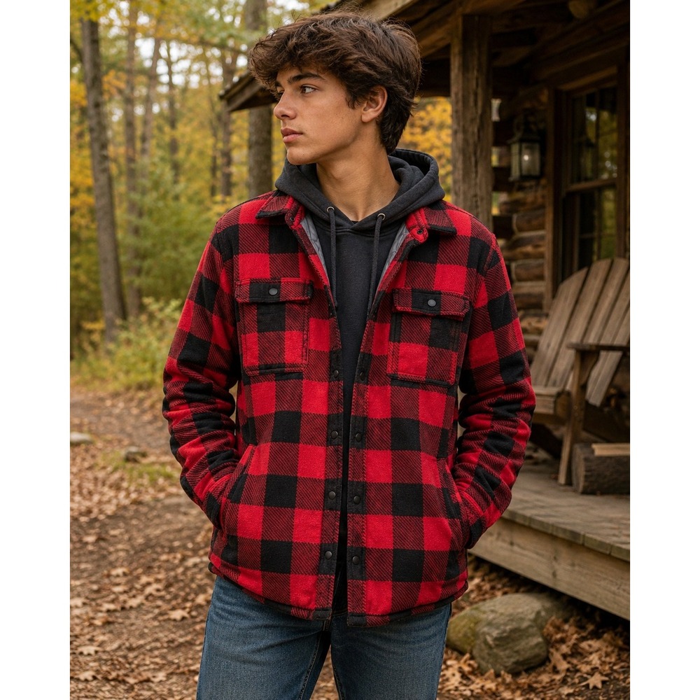 Eddie Bauer Kids XL 16 Buffalo Plaid Fleece Quilted Lining Shirt Jacket Red